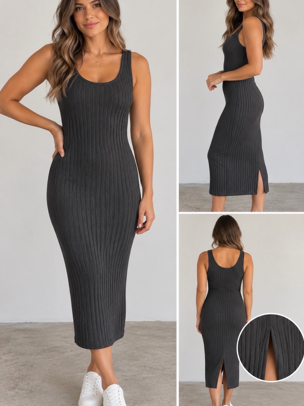 H&M Charcoal Ribbed Sleeveless Midi Dress